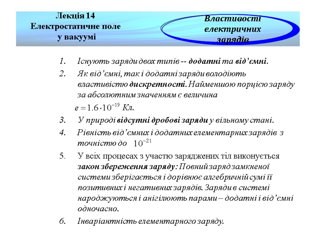 Існують заряди двох типів -- додатні та від’ємні. Як від’ємні, так і додатні заряди